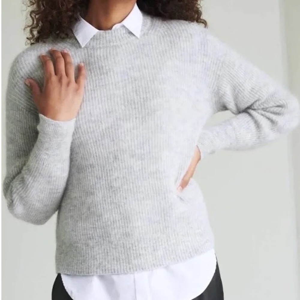 Quince Womens Small Baby Alpaca Wool Diamond Stitch Crewneck Sweater Light Grey